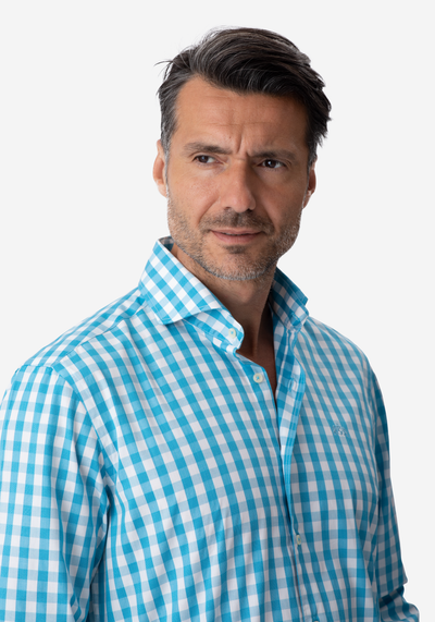 Aqua Blue Checked Basket Weave Shirt
