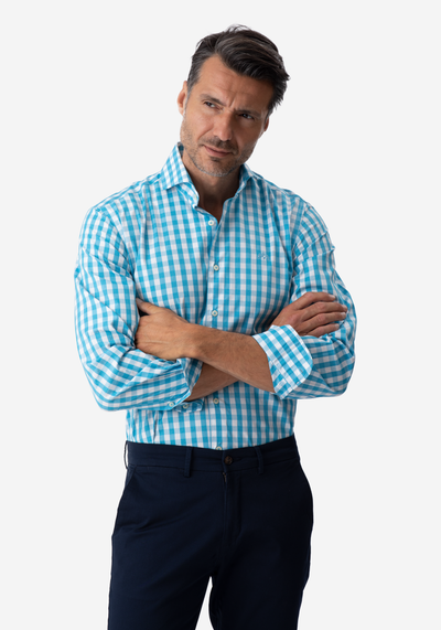 Aqua Blue Checked Basket Weave Shirt