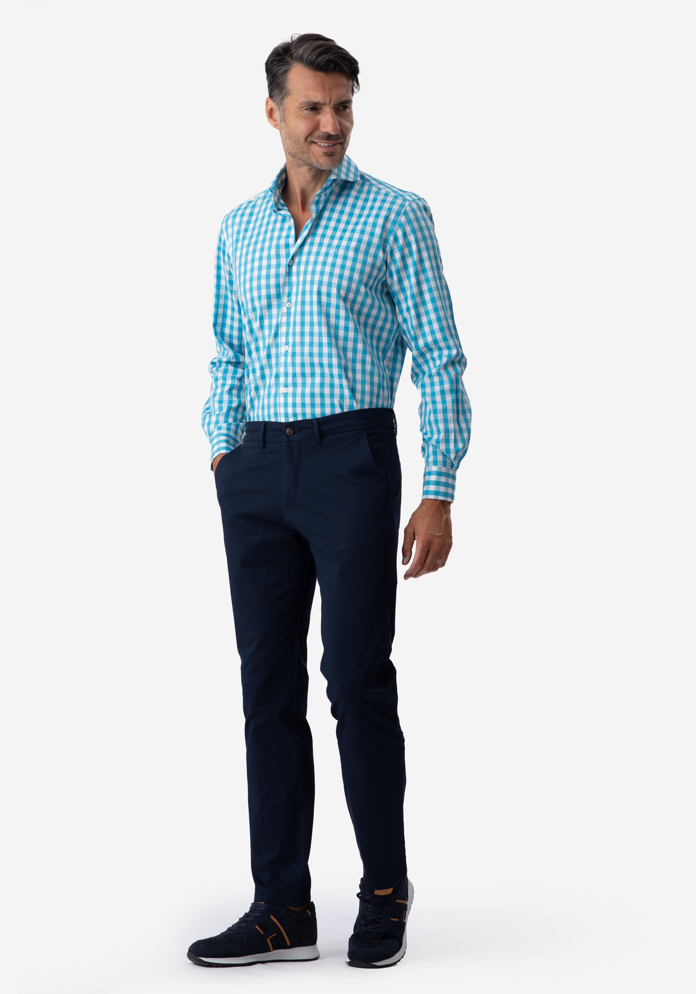 Aqua Blue Checked Basket Weave Shirt