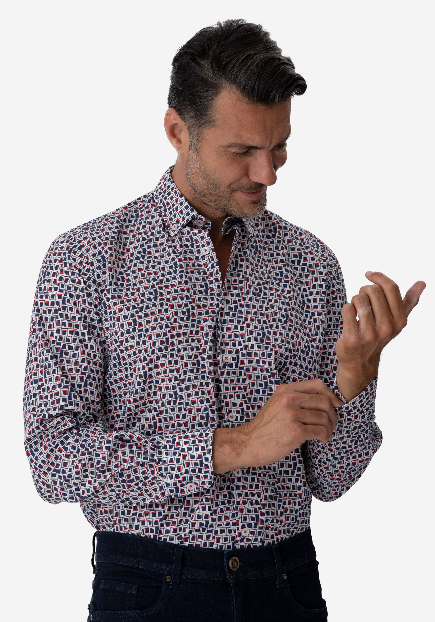 Navy Red Squares Poplin Shirt