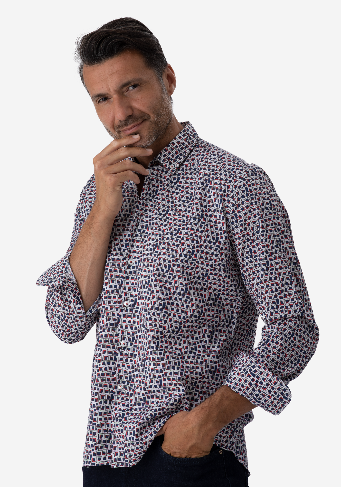 Navy Red Squares Poplin Shirt