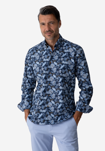 Navy Blue Leaf Poplin Shirt