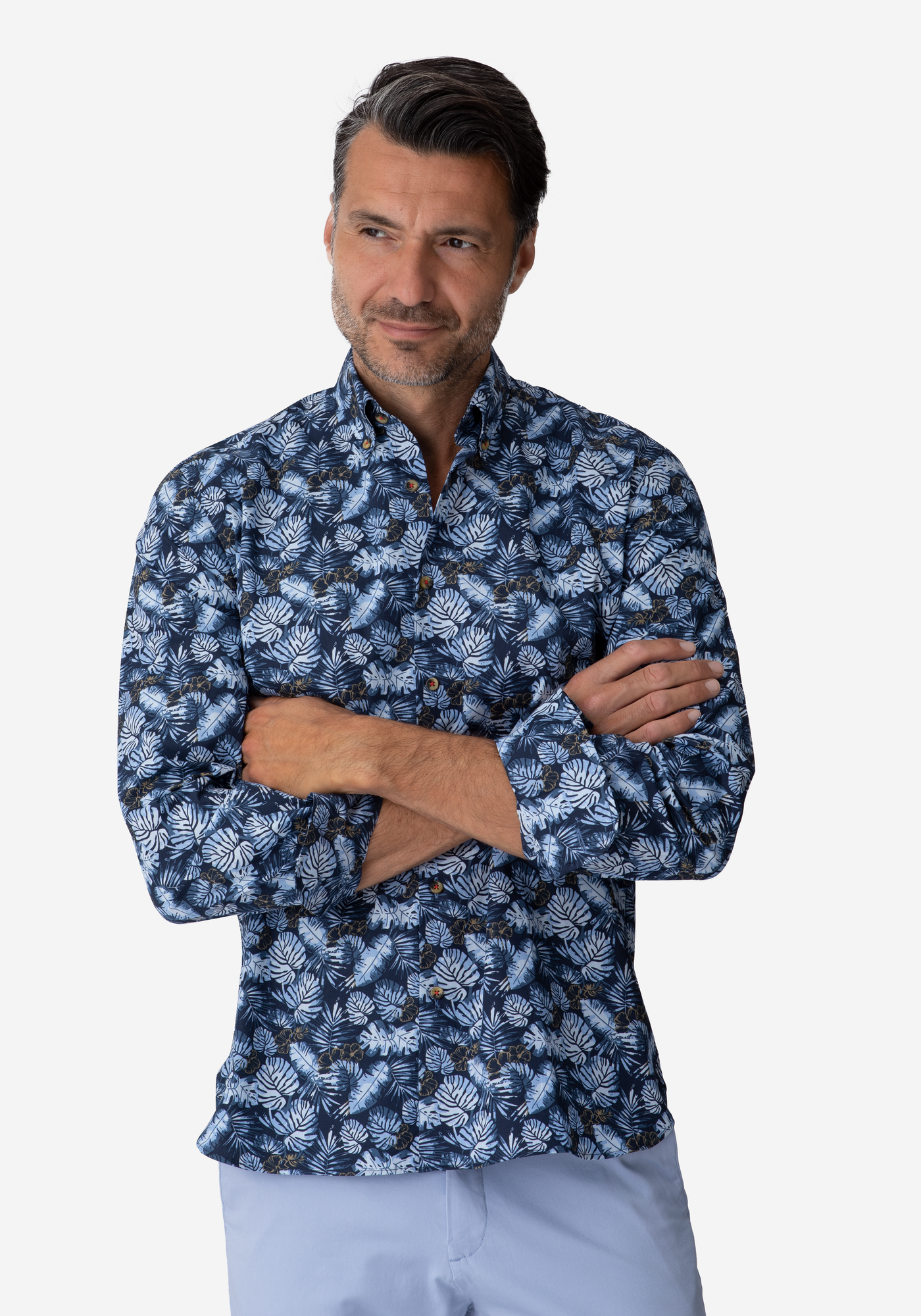 Navy Blue Leaf Poplin Shirt