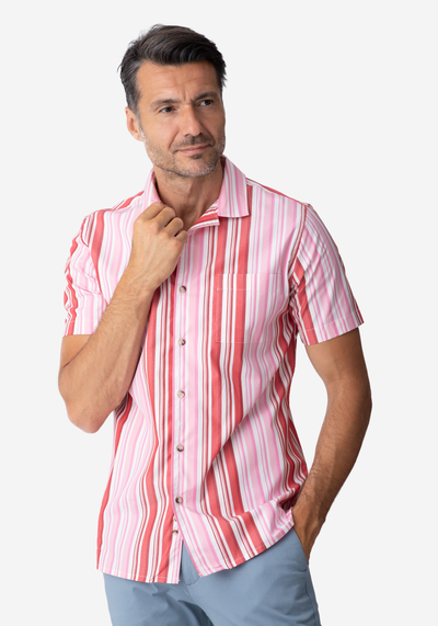 Red Pink Stripe Resort Shirt - Short Sleeve
