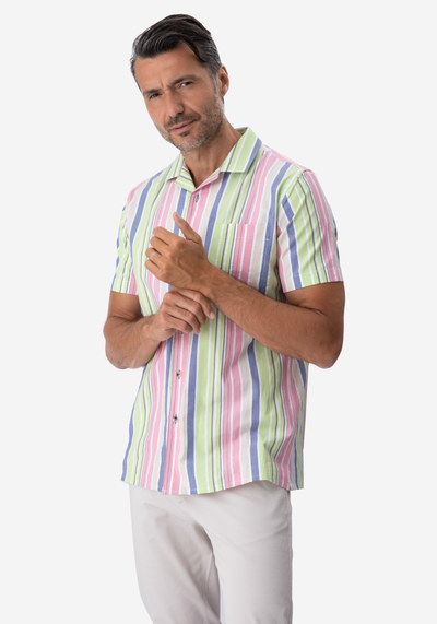 Green Rose Stripe Resort Seersucker Shirt - Short Sleeve