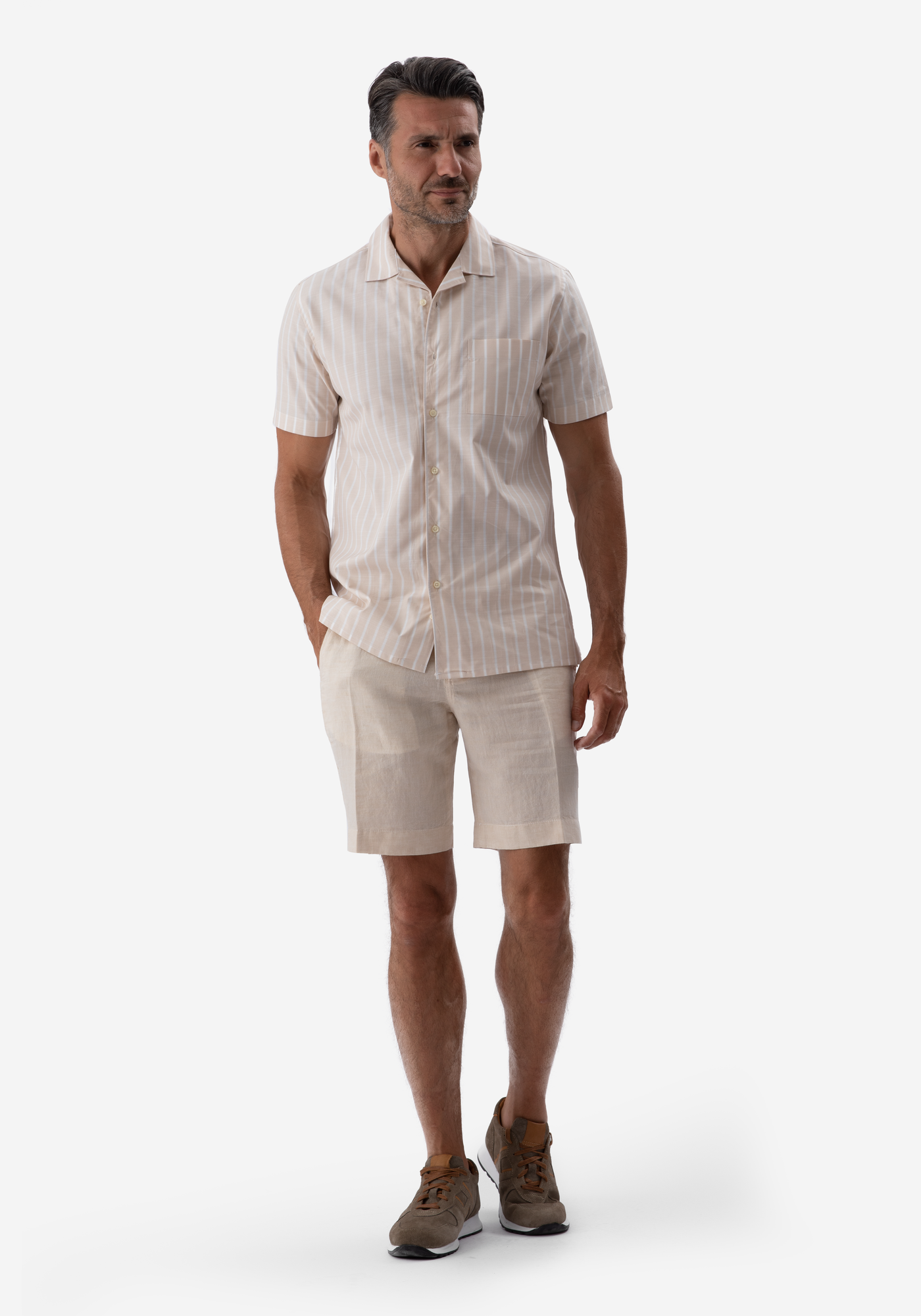 Sand Beige Stripe Resort Slub Shirt - Short Sleeve