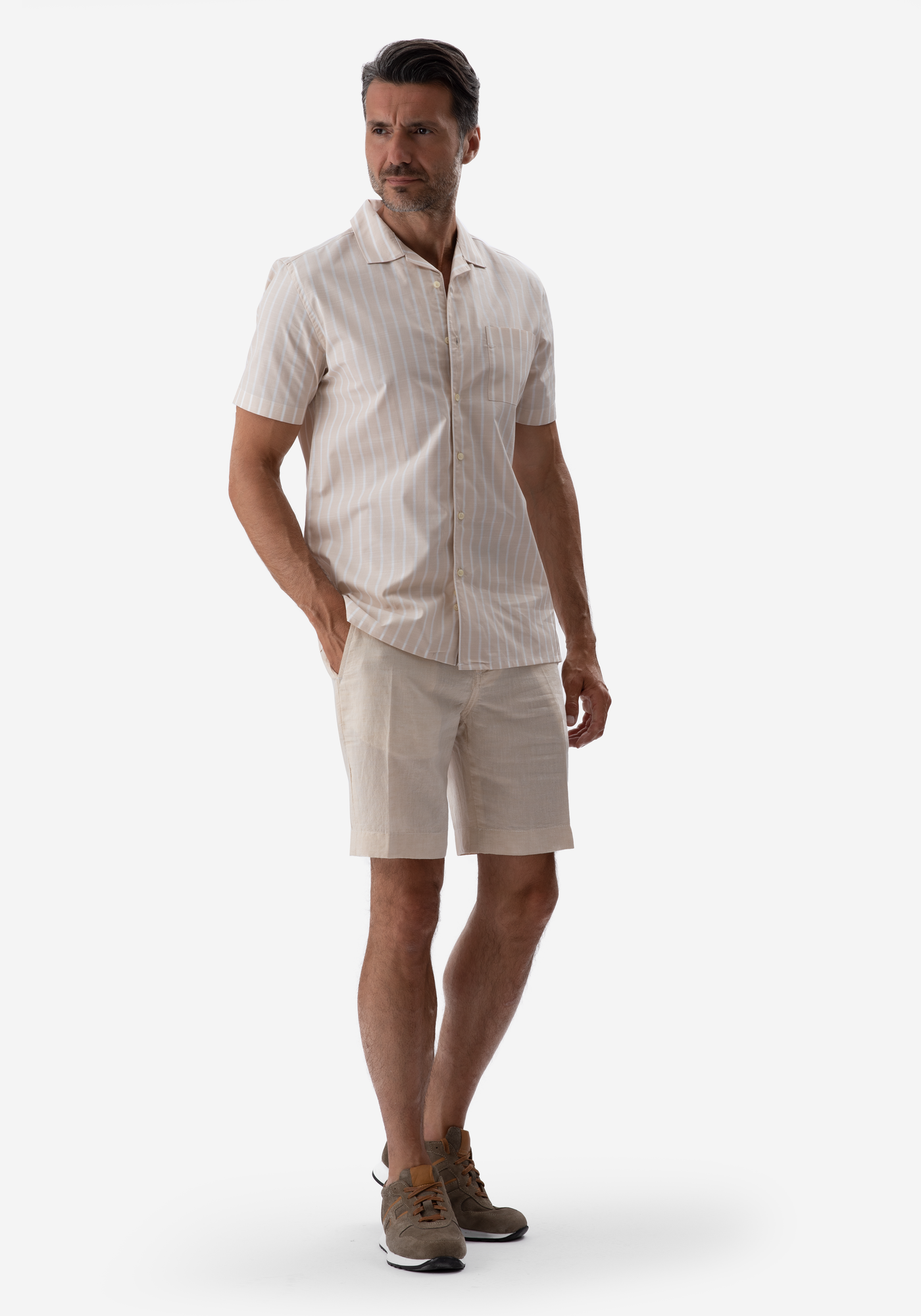 Sand Beige Stripe Resort Slub Shirt - Short Sleeve