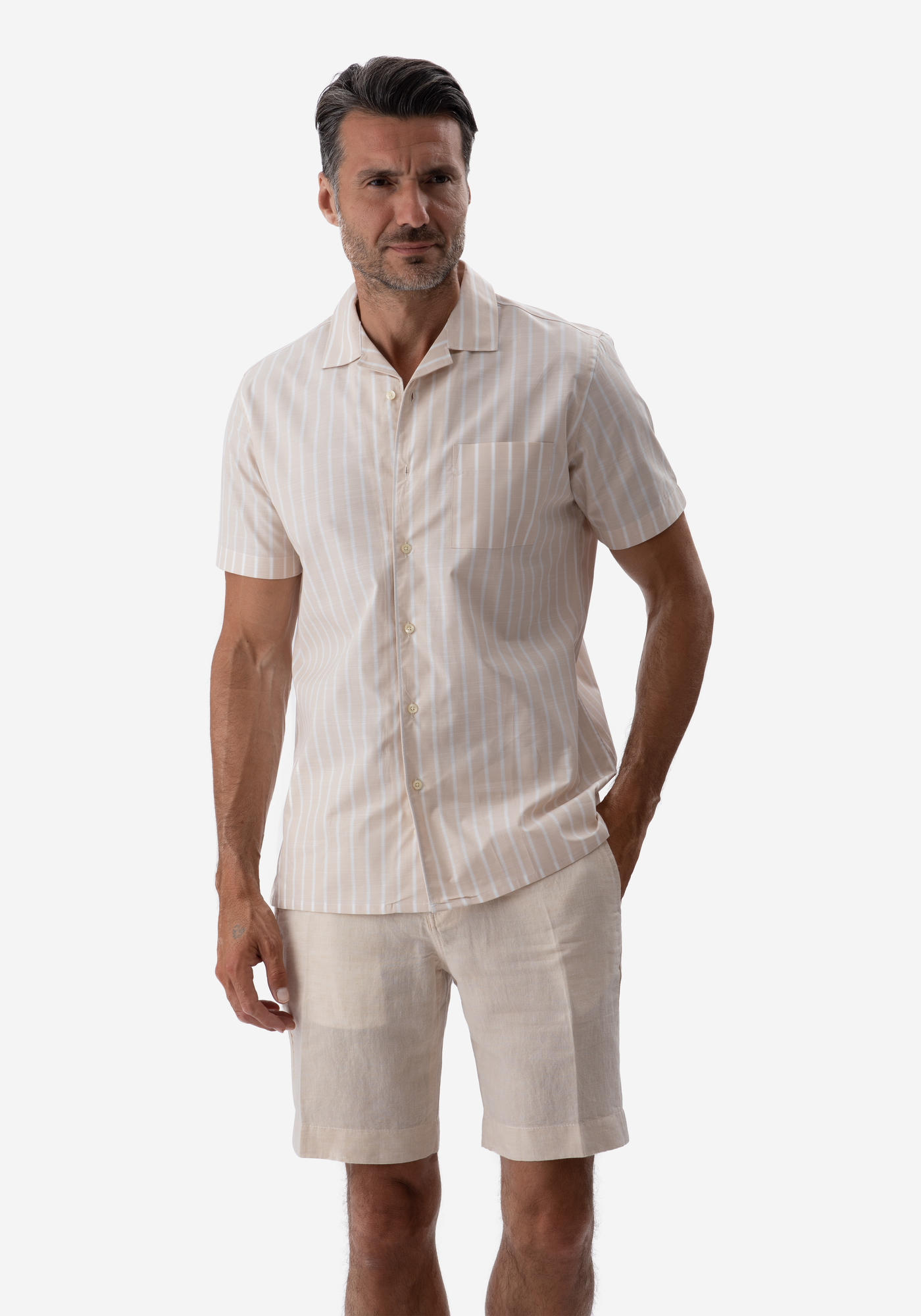 Sand Beige Stripe Resort Slub Shirt - Short Sleeve