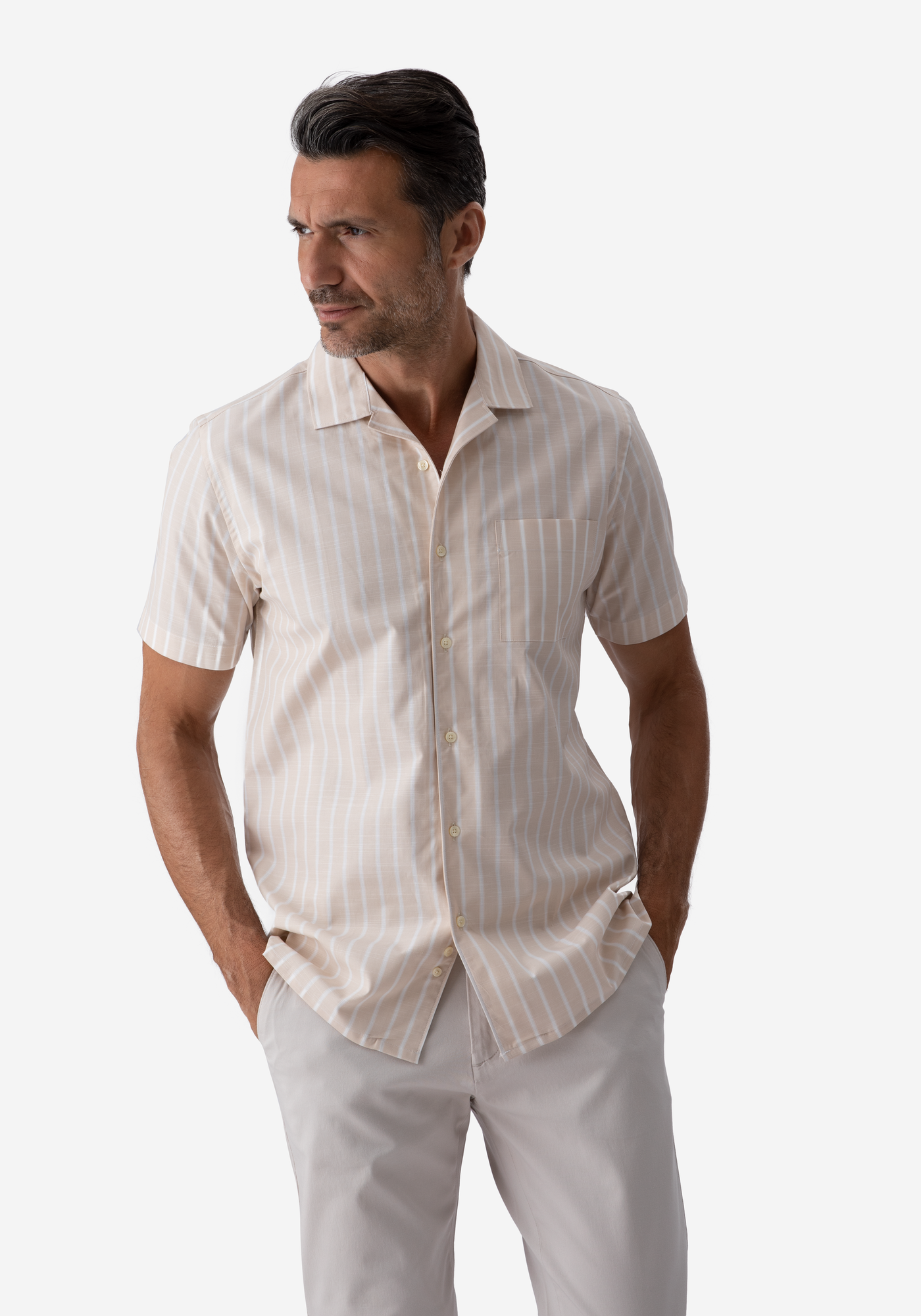 Sand Beige Stripe Resort Slub Shirt - Short Sleeve