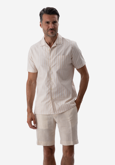 Sand Beige Stripe Resort Slub Shirt - Short Sleeve