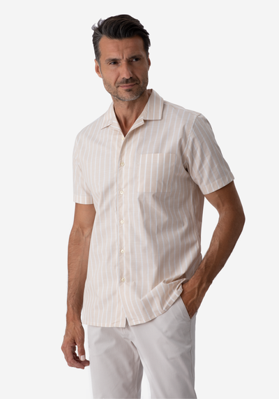 Sand Beige Stripe Resort Slub Shirt - Short Sleeve
