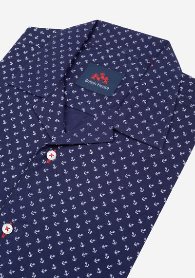 Navy Printed Resort Shirt - Short Sleeve