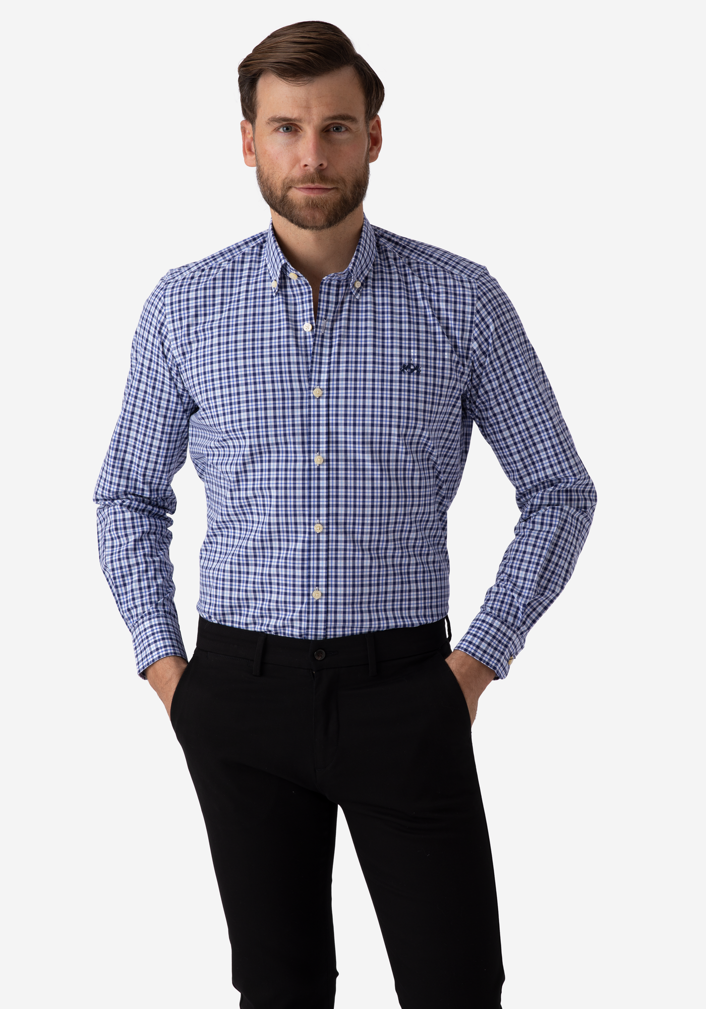 Navy Blue Checked Poplin Shirt