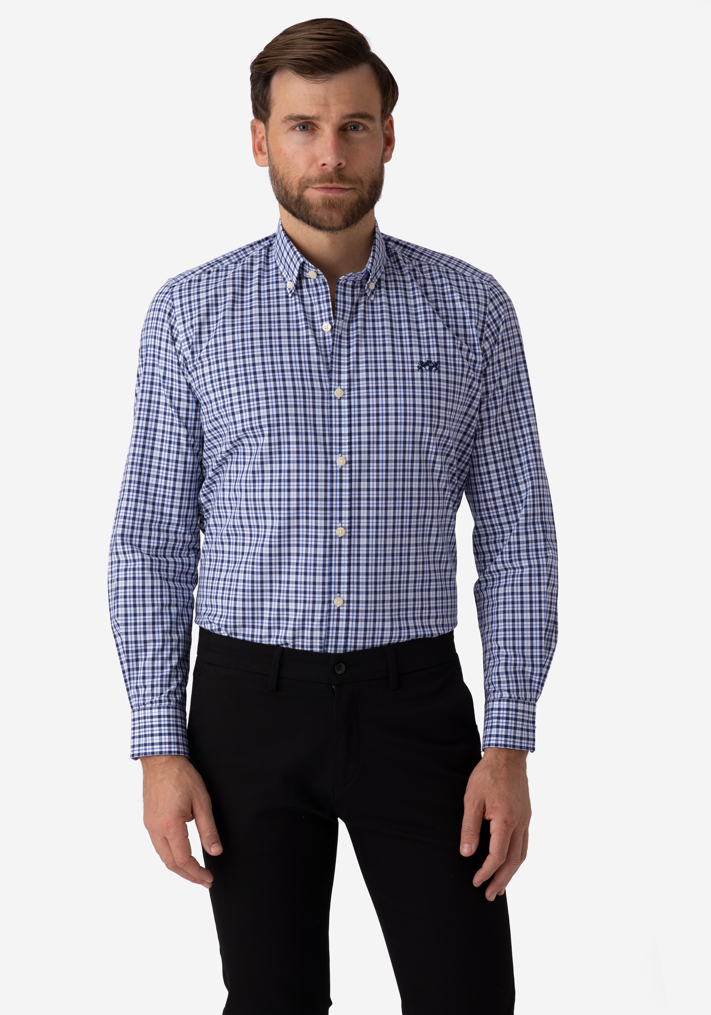 Navy Blue Checked Poplin Shirt