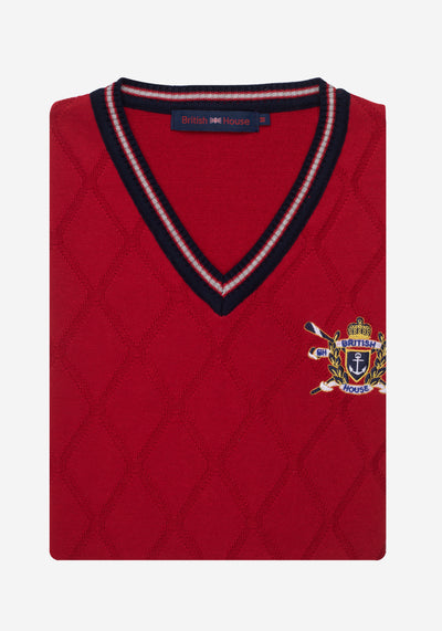 Cherry Red Rhombus V-Neck Pullover