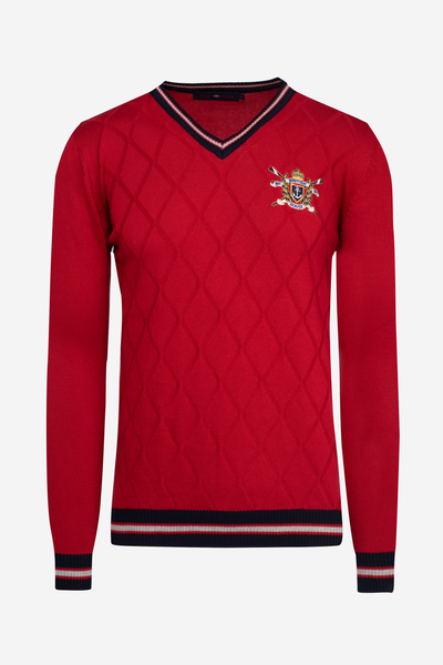 Cherry Red Rhombus V-Neck Pullover