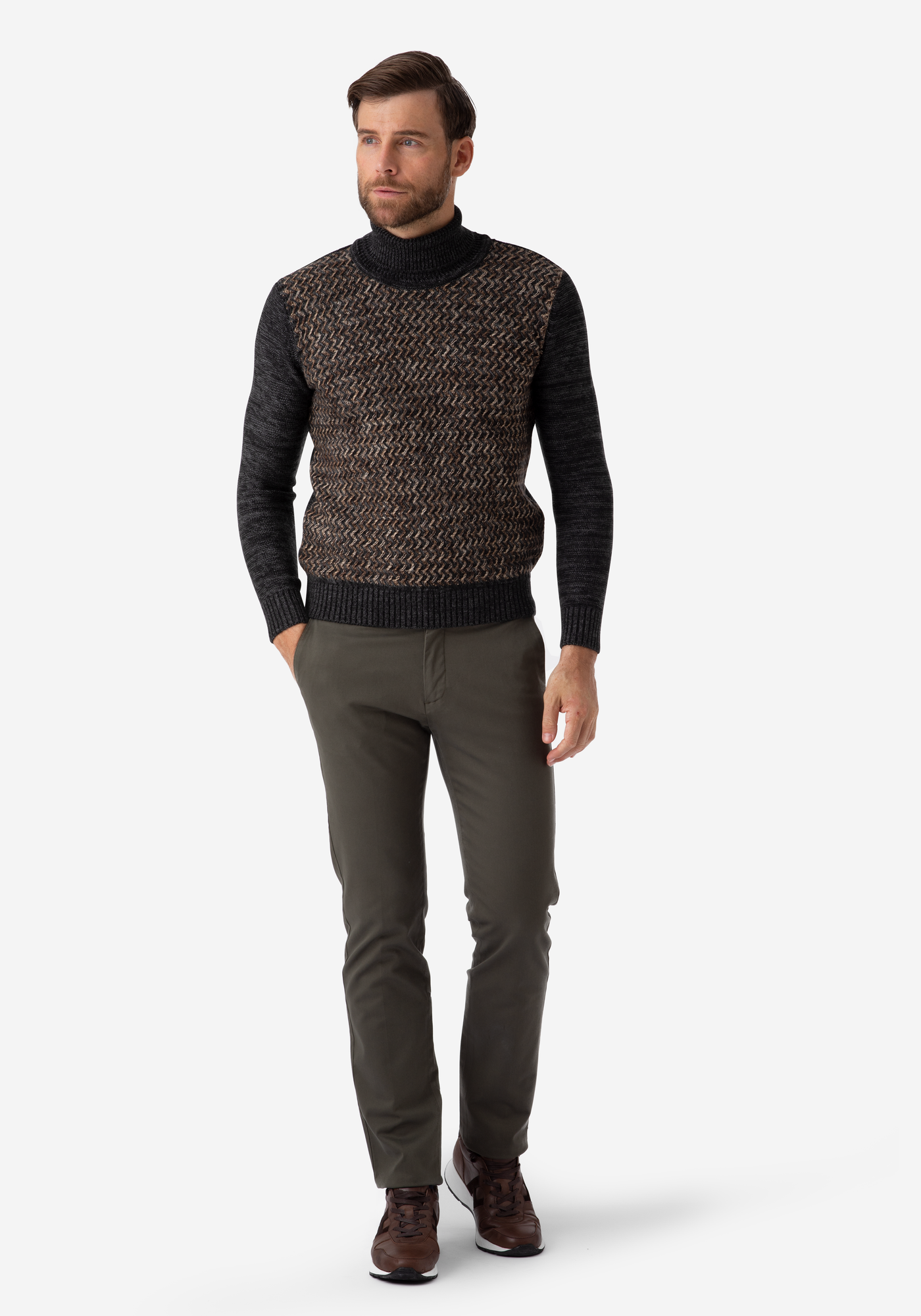 Dark Olive Beige Turtle Neck Pullover