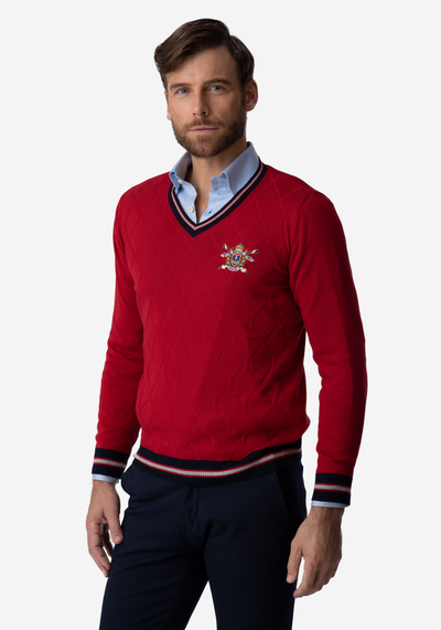 Cherry Red Rhombus V-Neck Pullover