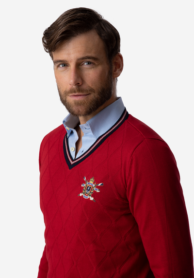 Cherry Red Rhombus V-Neck Pullover