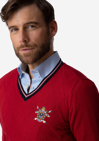 Cherry Red Rhombus V-Neck Pullover
