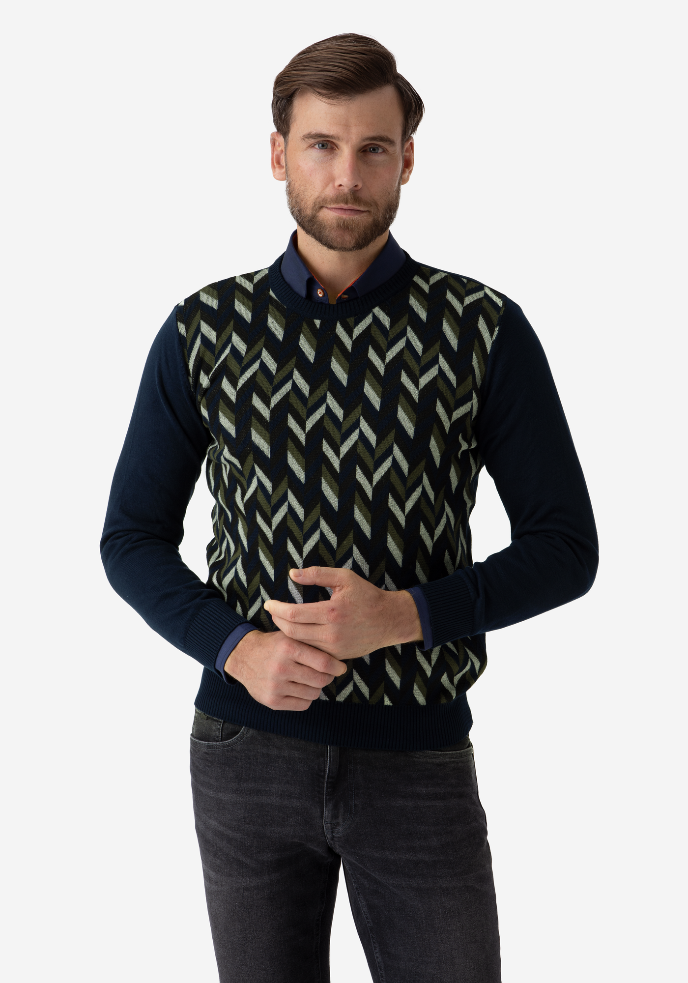 Navy Olive Chevron Crewneck Pullover