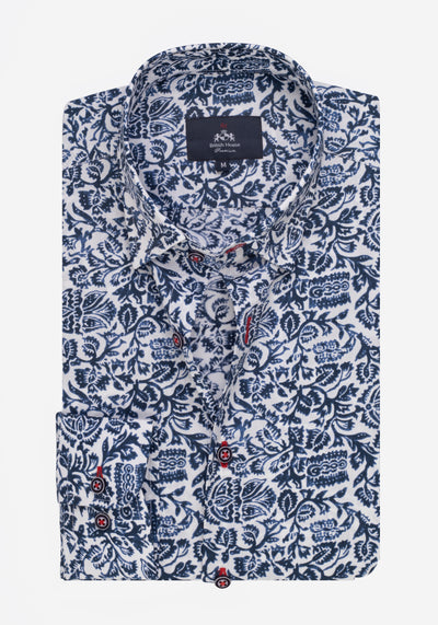 Navy Blue White Printed Poplin Shirt